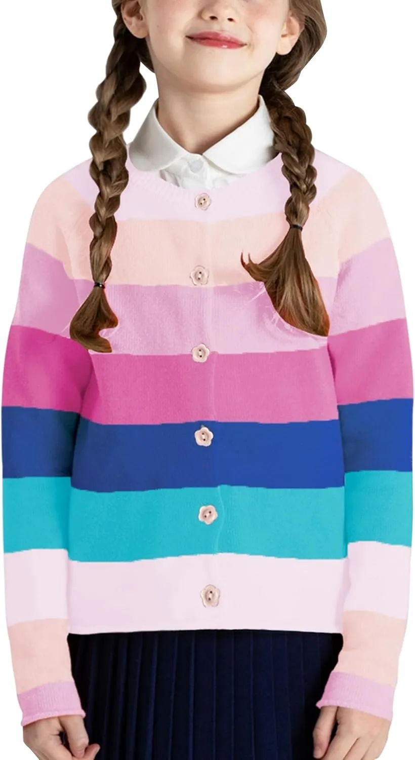 BOBOYOYO Girls Cute Cardigan 100% Cotton Rainbow Kids Cardigan Sweater Button up Striped Knit Cardigan Children for 5-12 Y