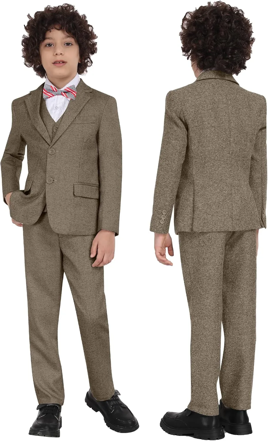 Boys Suit 6pcs Tweed Herringbone Suits for Kids Slim Fit Tuxedo Formal Jacket Wedding Shirt Blazer Vest Pants Set with Tie
