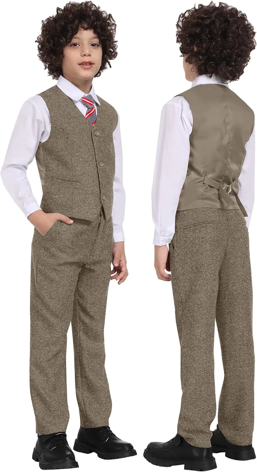 Boys Suit 6pcs Tweed Herringbone Suits for Kids Slim Fit Tuxedo Formal Jacket Wedding Shirt Blazer Vest Pants Set with Tie