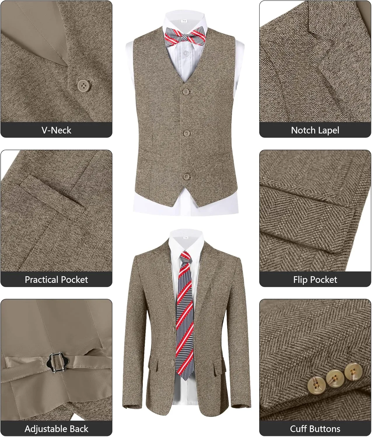 Boys Suit 6pcs Tweed Herringbone Suits for Kids Slim Fit Tuxedo Formal Jacket Wedding Shirt Blazer Vest Pants Set with Tie
