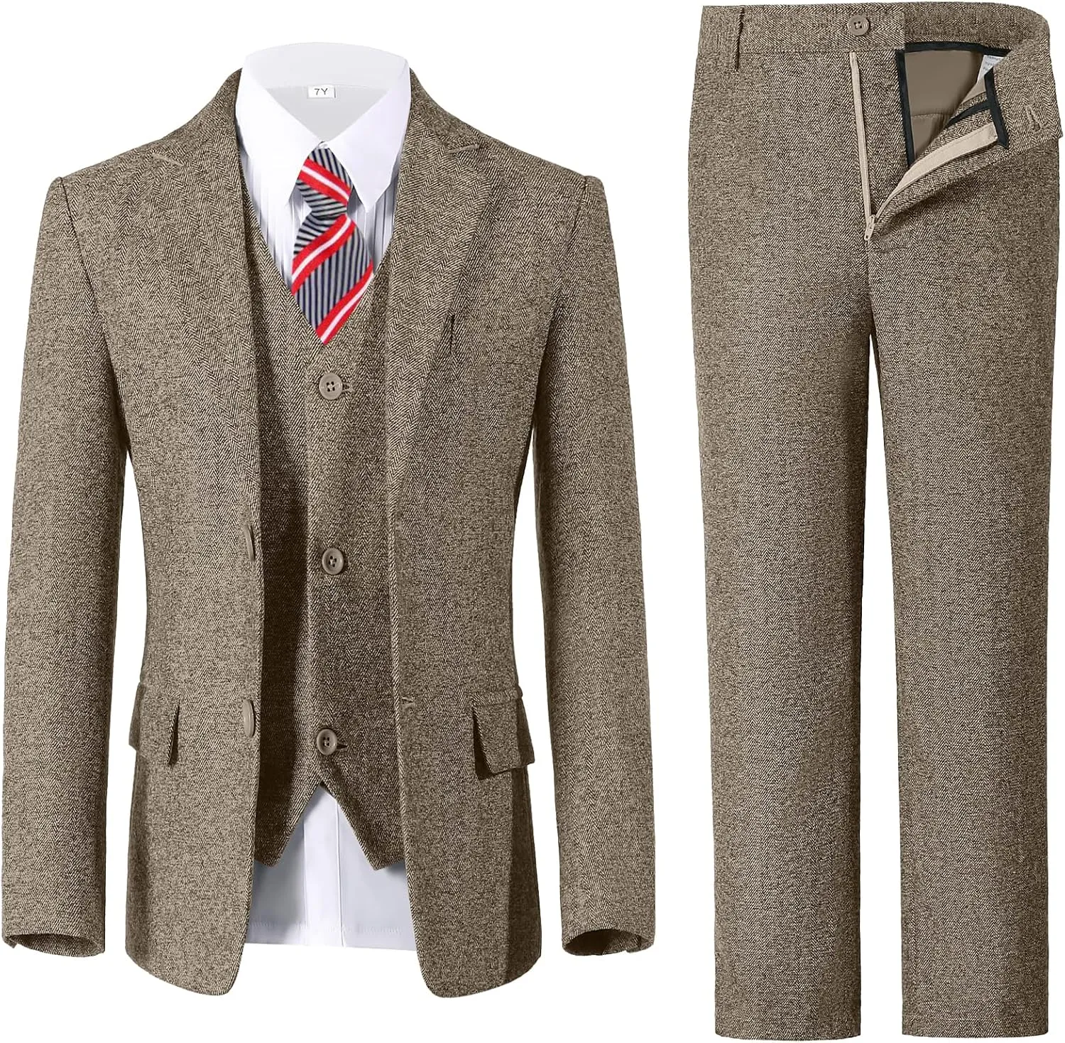 Boys Suit 6pcs Tweed Herringbone Suits for Kids Slim Fit Tuxedo Formal Jacket Wedding Shirt Blazer Vest Pants Set with Tie