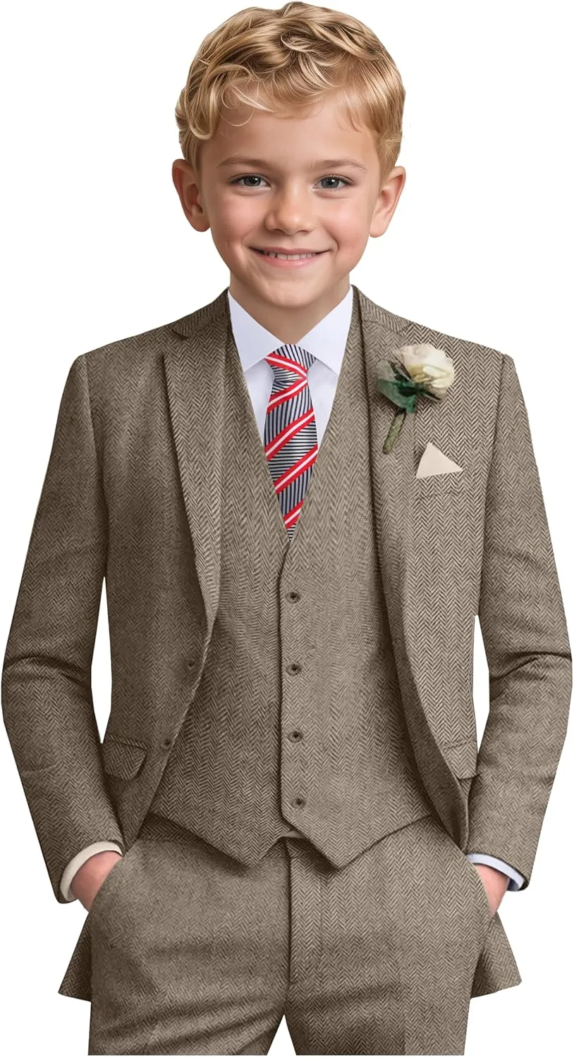Boys Suit 6pcs Tweed Herringbone Suits for Kids Slim Fit Tuxedo Formal Jacket Wedding Shirt Blazer Vest Pants Set with Tie