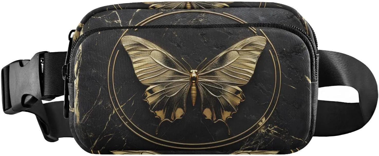 Butterfly Golden Fanny Pack Water Resistant Waist Pack Sling Bag Purse for Women Men Travel Hiking