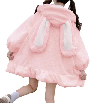 BZB Kawaii Anime Bunny Ear Hoodies For Women Sweet Lovely Fuzzy Fluffy Rabbit Sweater Tops Cosplay Jacket Coats