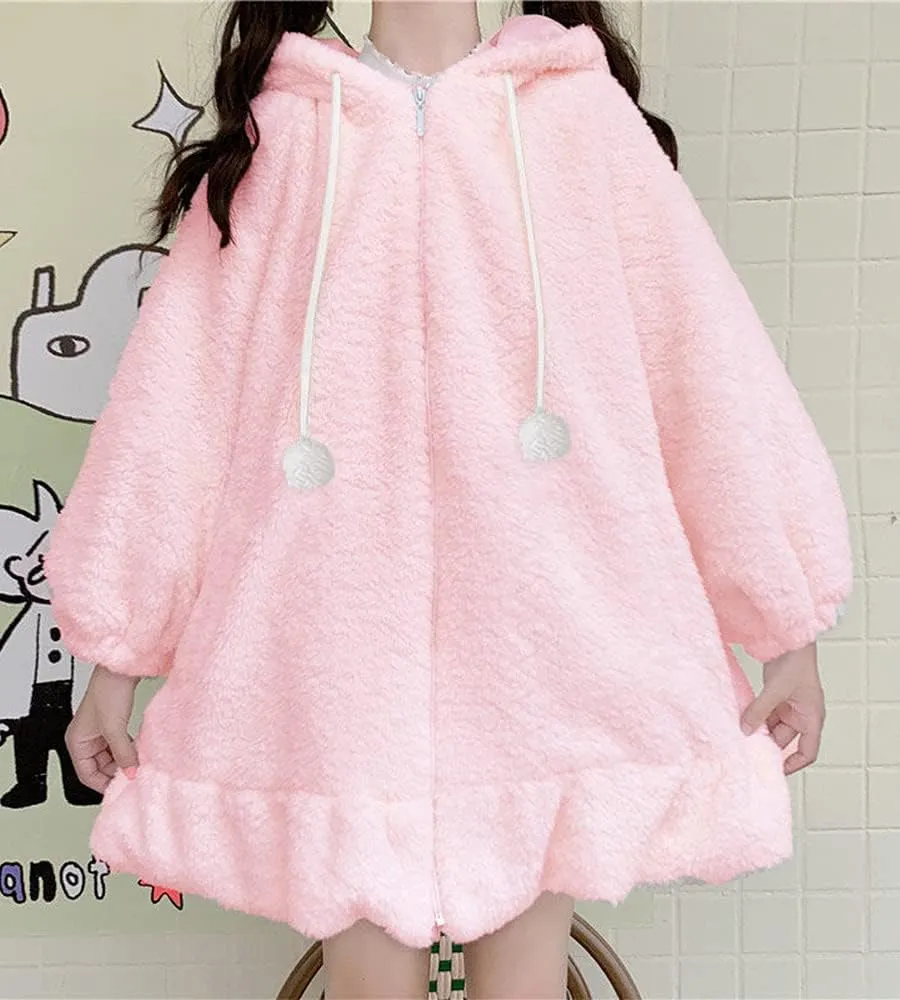 BZB Kawaii Anime Bunny Ear Hoodies For Women Sweet Lovely Fuzzy Fluffy Rabbit Sweater Tops Cosplay Jacket Coats