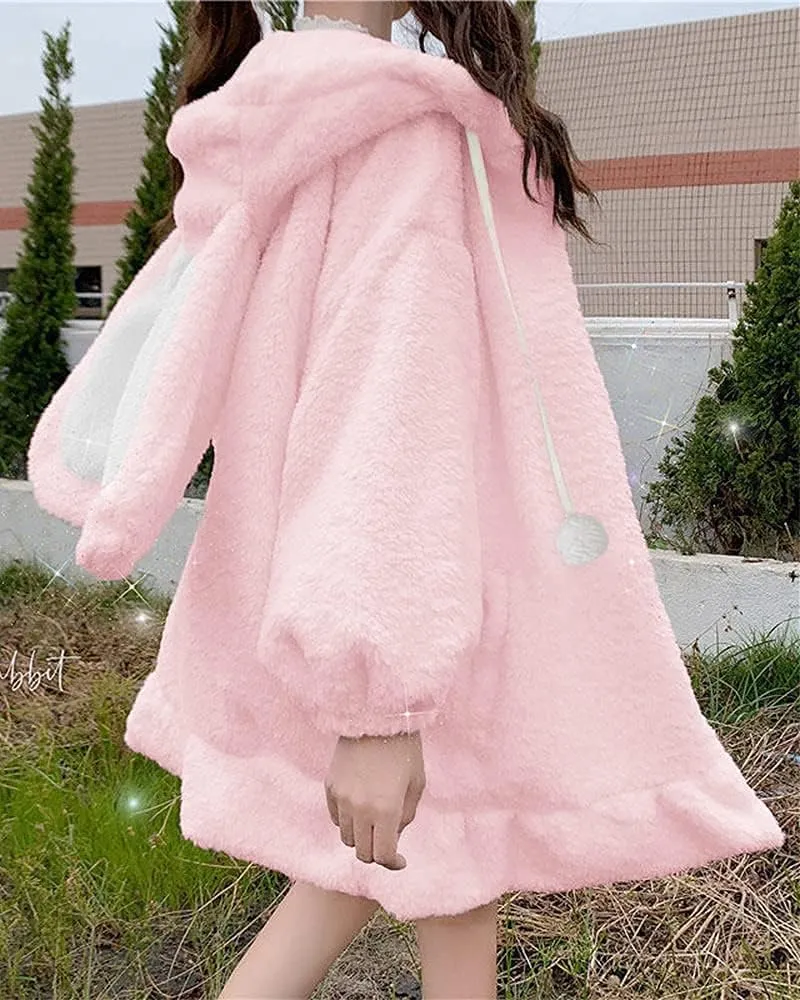 BZB Kawaii Anime Bunny Ear Hoodies For Women Sweet Lovely Fuzzy Fluffy Rabbit Sweater Tops Cosplay Jacket Coats