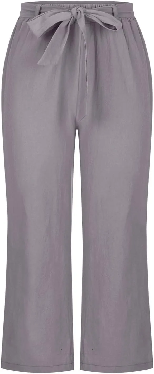 Capri Pants for Women 2025 Summer High Waisted Linen Straight Trousers Drawstring Casual Baggy Cropped Pants Pocket