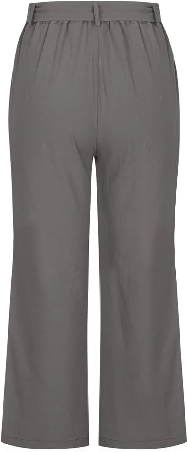 Capri Pants for Women 2025 Summer High Waisted Linen Straight Trousers Drawstring Casual Baggy Cropped Pants Pocket
