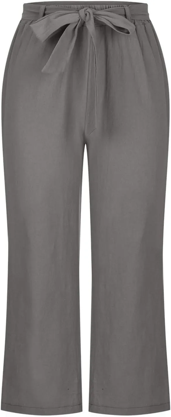 Capri Pants for Women 2025 Summer High Waisted Linen Straight Trousers Drawstring Casual Baggy Cropped Pants Pocket