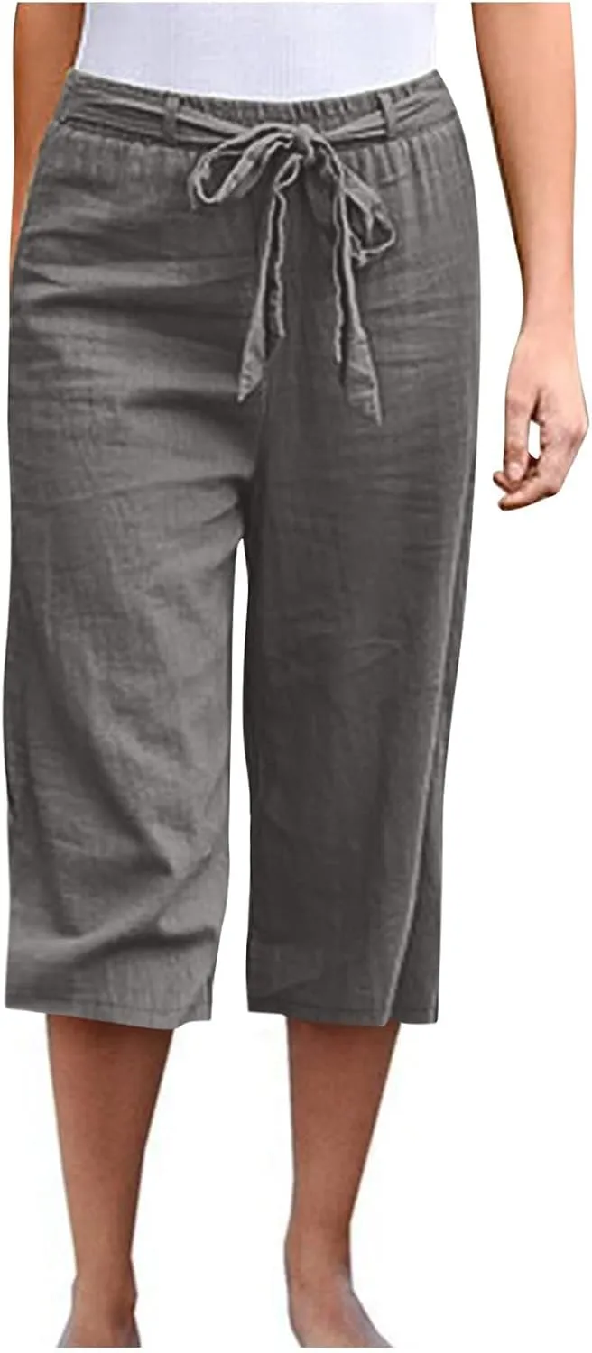 Capri Pants for Women 2025 Summer High Waisted Linen Straight Trousers Drawstring Casual Baggy Cropped Pants Pocket
