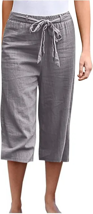 Capri Pants for Women 2025 Summer High Waisted Linen Straight Trousers Drawstring Casual Baggy Cropped Pants Pocket