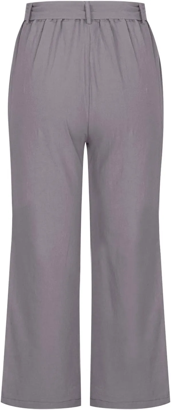 Capri Pants for Women 2025 Summer High Waisted Linen Straight Trousers Drawstring Casual Baggy Cropped Pants Pocket