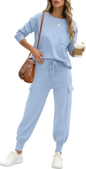 Caracilia Women's Two Piece Outfits Sweater Sets Long Sleeve Knit Tops Matching Cargo Jogger Pants 2024 Fall Lounge Sets