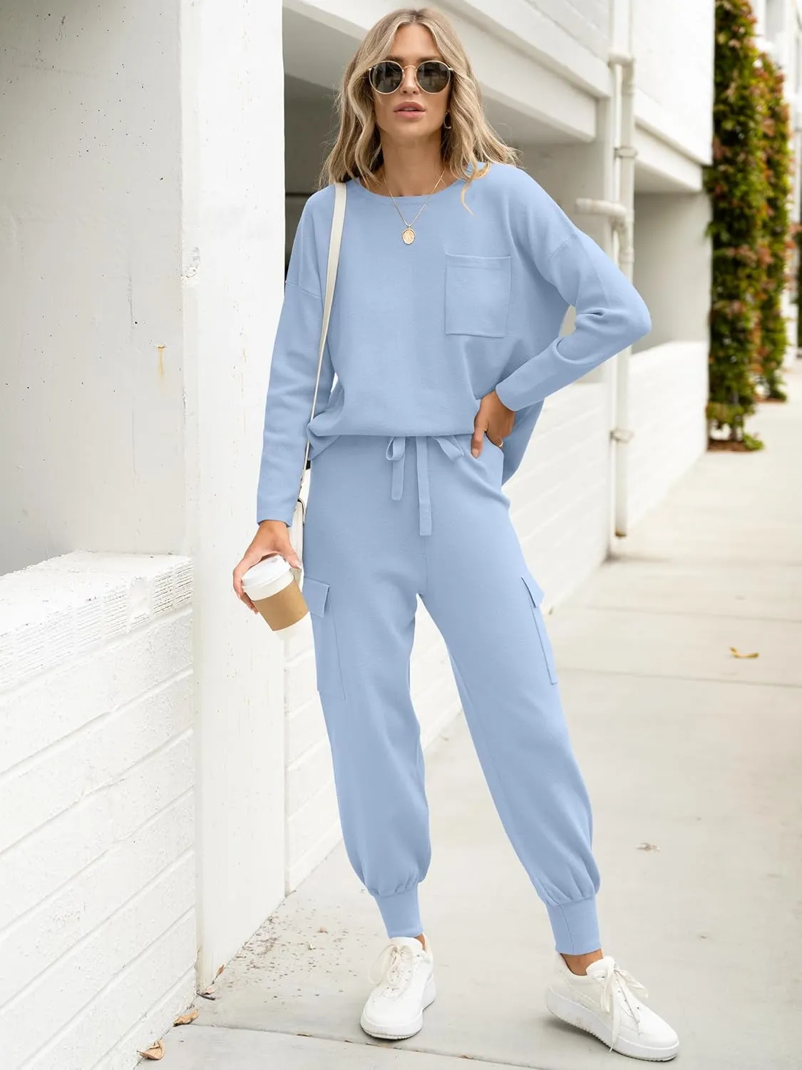 Caracilia Women's Two Piece Outfits Sweater Sets Long Sleeve Knit Tops Matching Cargo Jogger Pants 2024 Fall Lounge Sets