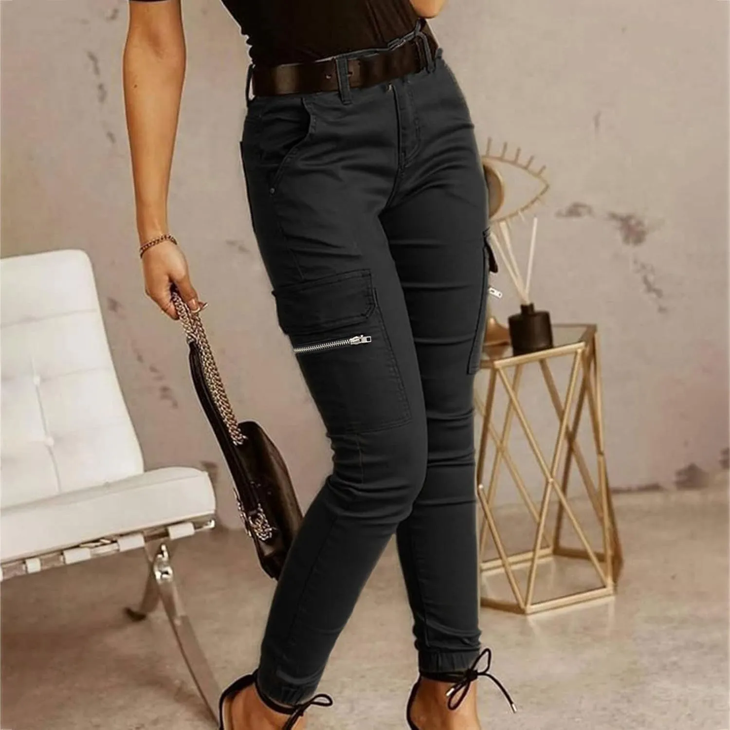 Cargo Leggings with Pockets for Women Casual Skinny Pockets High Waist Pants Stretch Bound Feet Ripstop Cargo Trouser