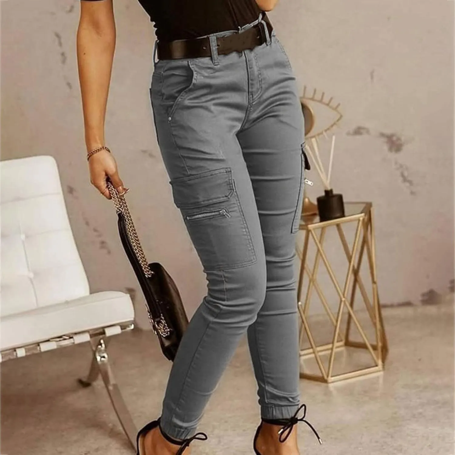 Cargo Leggings with Pockets for Women Casual Skinny Pockets High Waist Pants Stretch Bound Feet Ripstop Cargo Trouser
