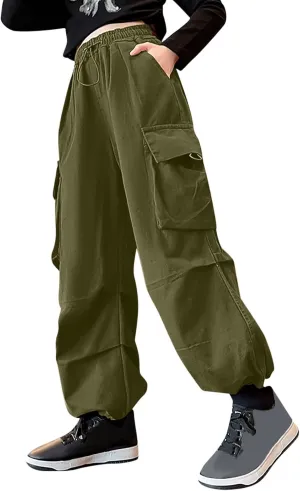 Cargo Pants for Girls Casual High Waisted Drawstring Loose Fit Pants Aesthetic Clothing Teen Girls Jogger Pants 3-14T
