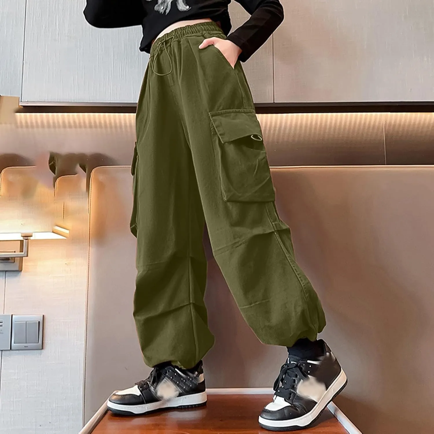 Cargo Pants for Girls Casual High Waisted Drawstring Loose Fit Pants Aesthetic Clothing Teen Girls Jogger Pants 3-14T