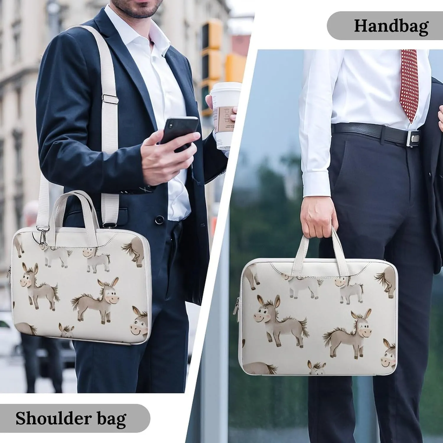 Cartoon Donkeys Leather Bag Laptop Case Slim Water Resistant Computer Bags with Handle Briefcase for Work