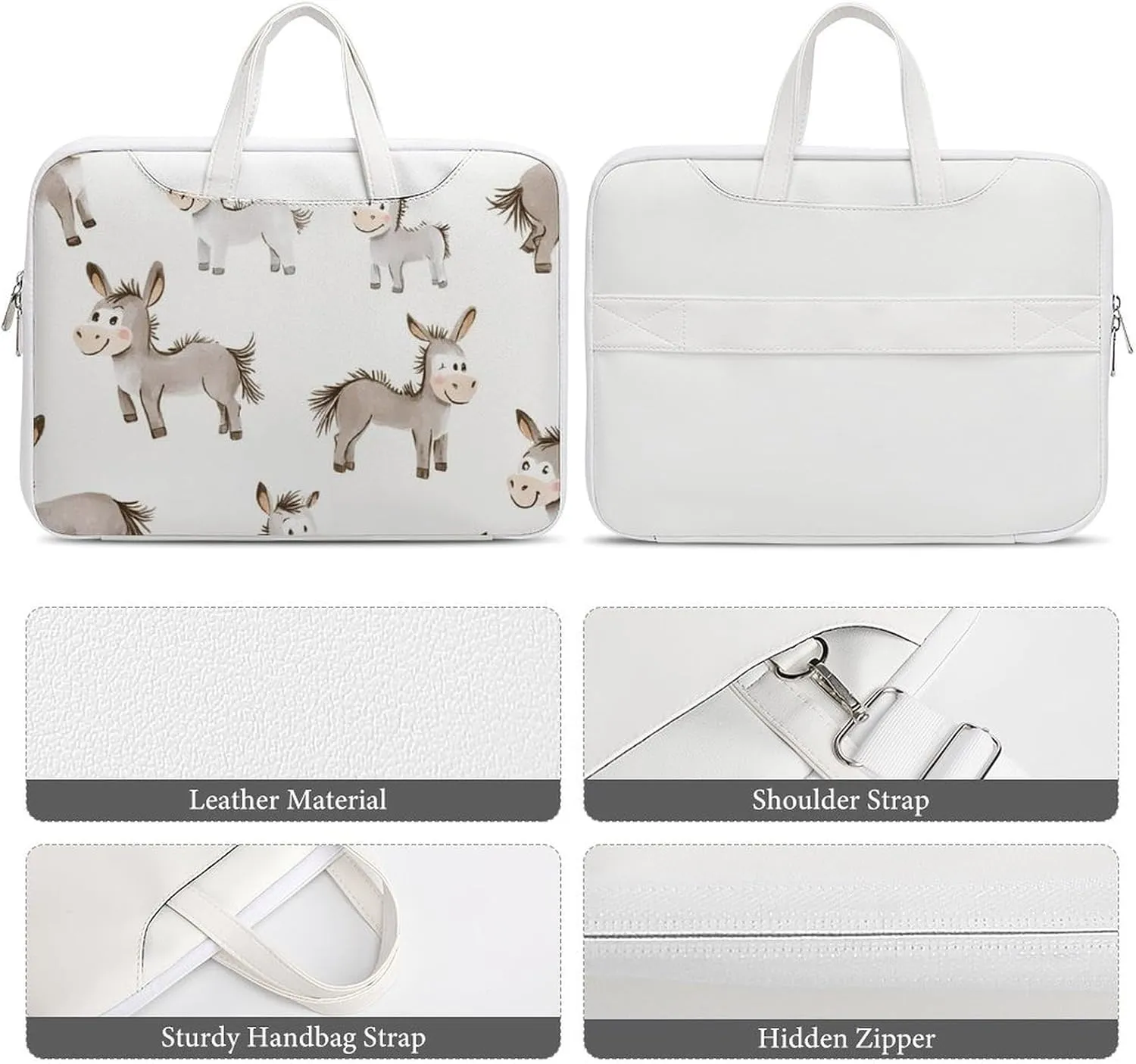 Cartoon Donkeys Leather Bag Laptop Case Slim Water Resistant Computer Bags with Handle Briefcase for Work