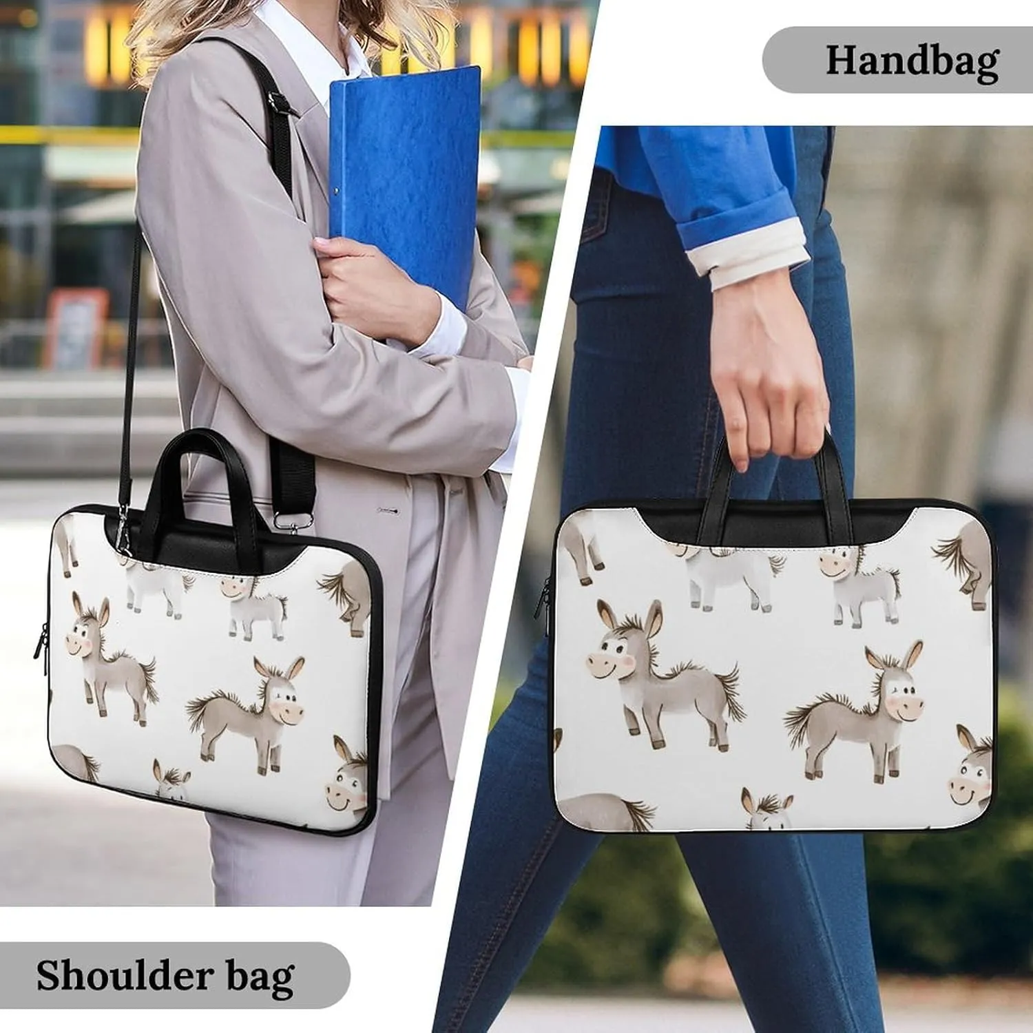 Cartoon Donkeys Leather Bag Laptop Case Slim Water Resistant Computer Bags with Handle Briefcase for Work