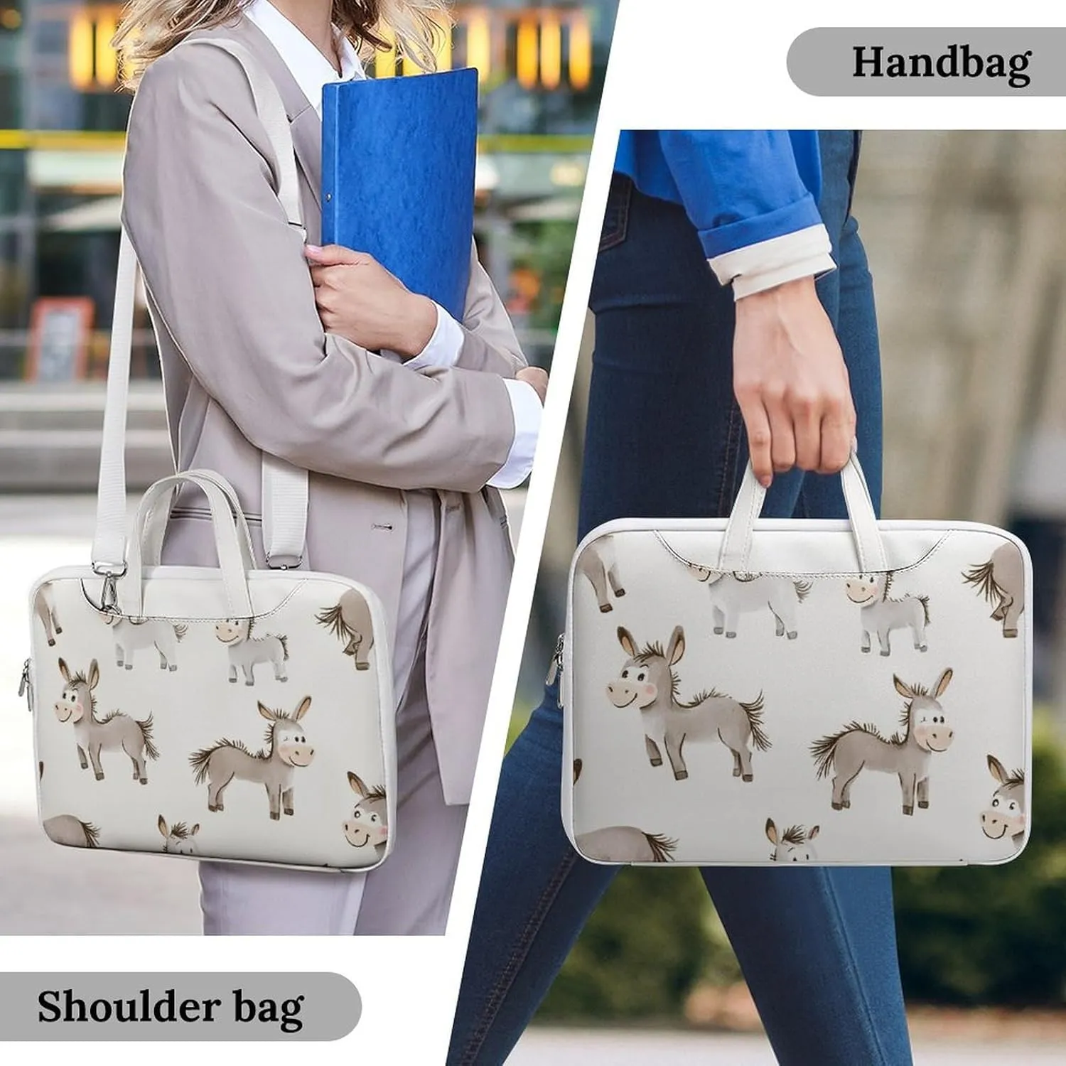Cartoon Donkeys Leather Bag Laptop Case Slim Water Resistant Computer Bags with Handle Briefcase for Work