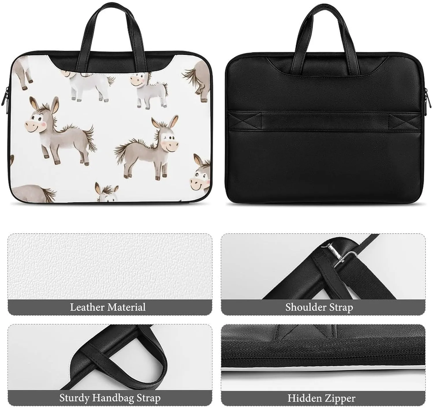 Cartoon Donkeys Leather Bag Laptop Case Slim Water Resistant Computer Bags with Handle Briefcase for Work