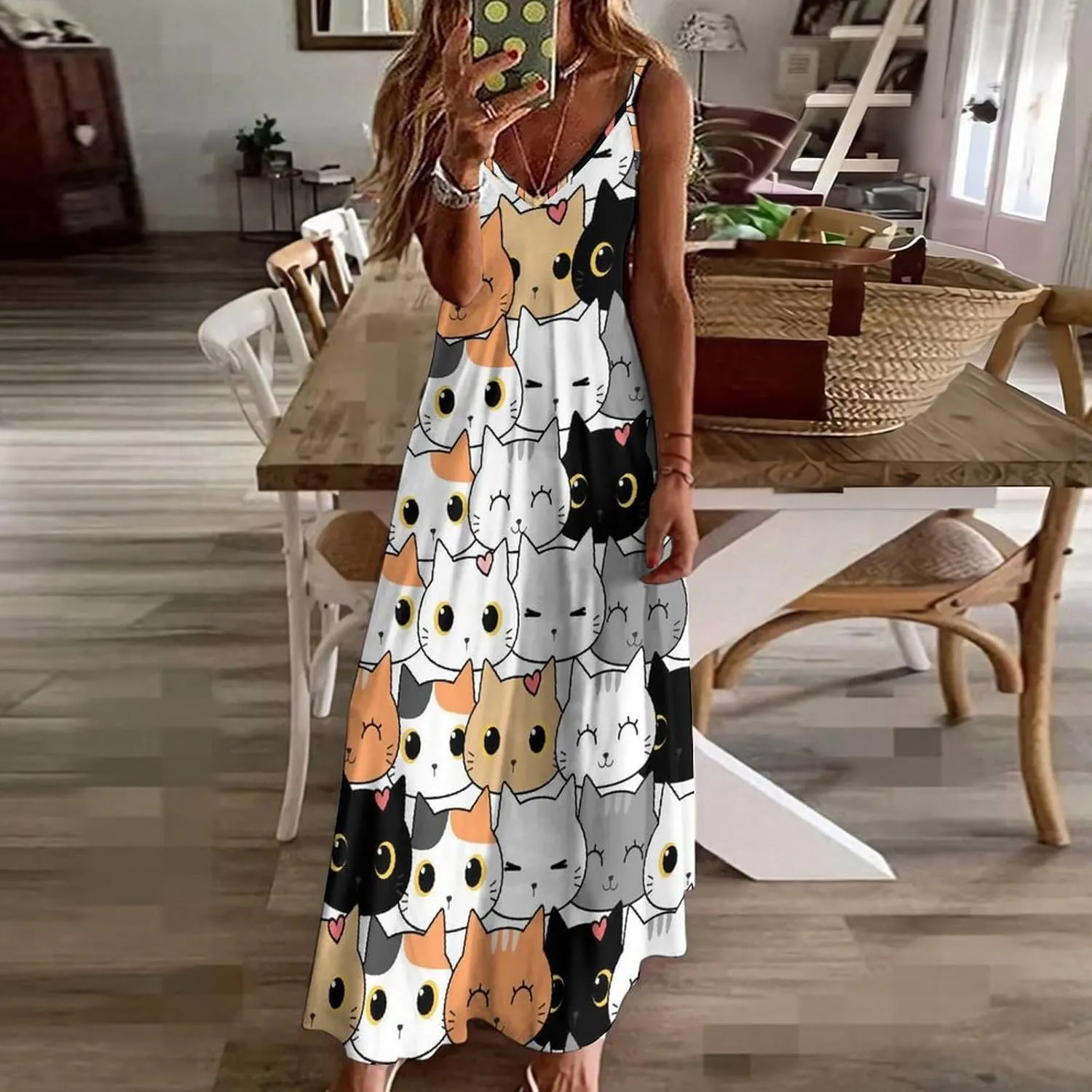 Casual Loose Sleeveless Dress for Women, Sexy V Neck Flowy Maxi Dress, Beach Vacation Spaghetti Strap Sundress