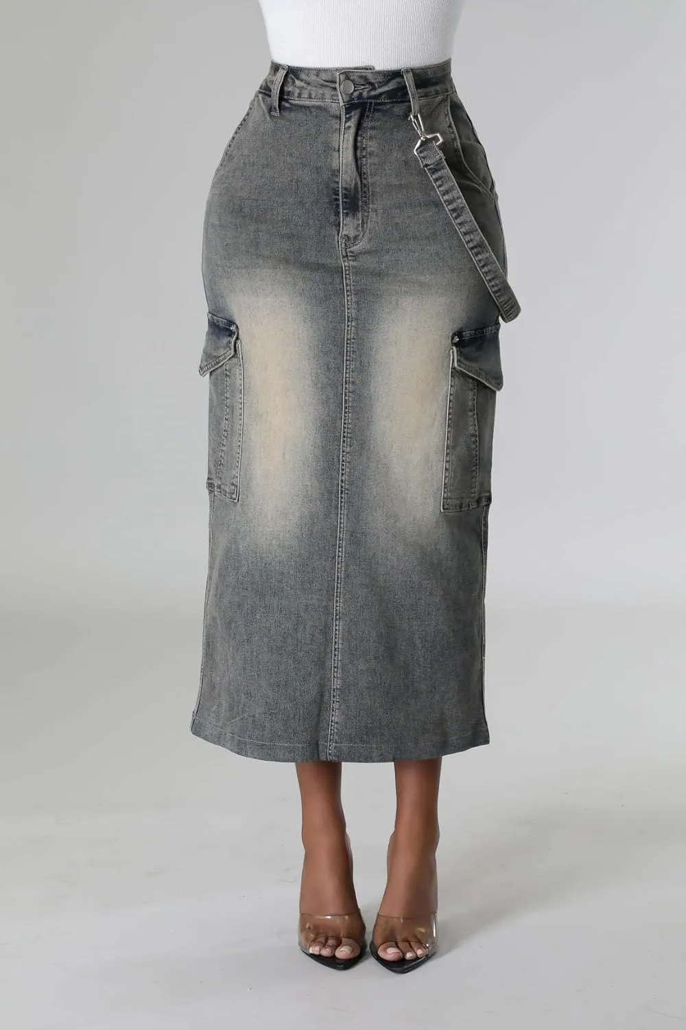cffvdiz Denim Skirt Sexy High Waisted Back Split with Pockets Cargo Jean Skirts for Women