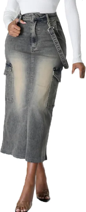 cffvdiz Denim Skirt Sexy High Waisted Back Split with Pockets Cargo Jean Skirts for Women