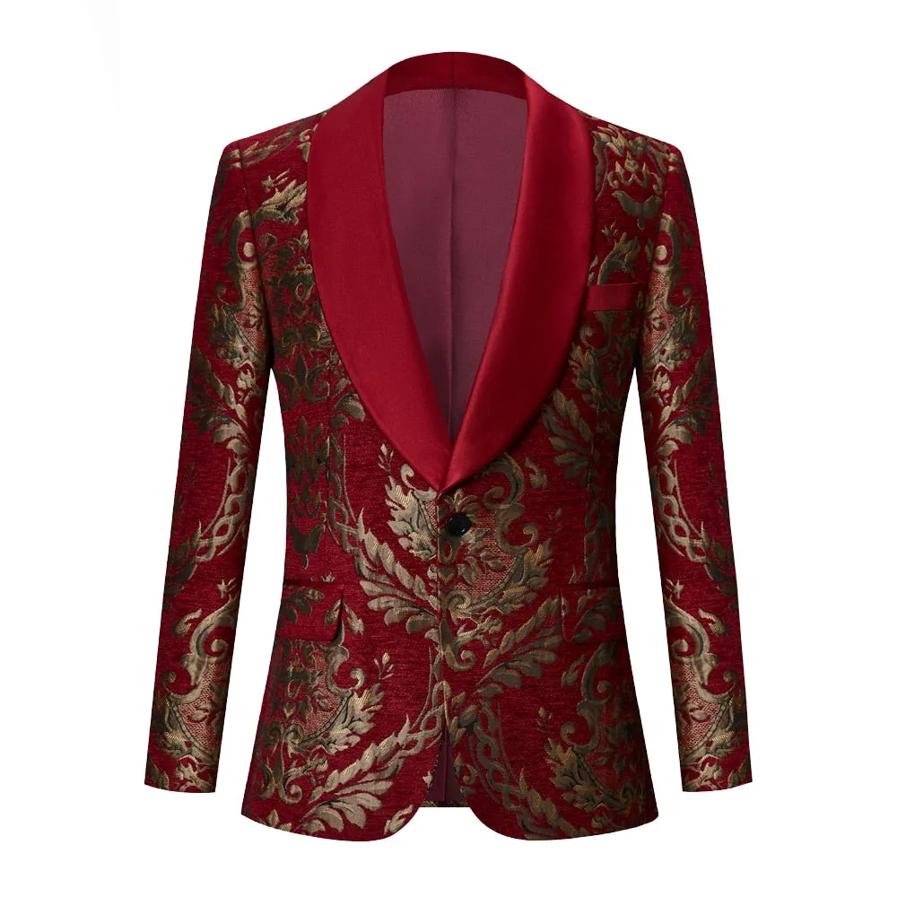 CGSUITS Men's Fashion Formal 2-Piece Burgundy Red & Gold Embroidery Tuxedo (Jacket   Pants) Suit Set