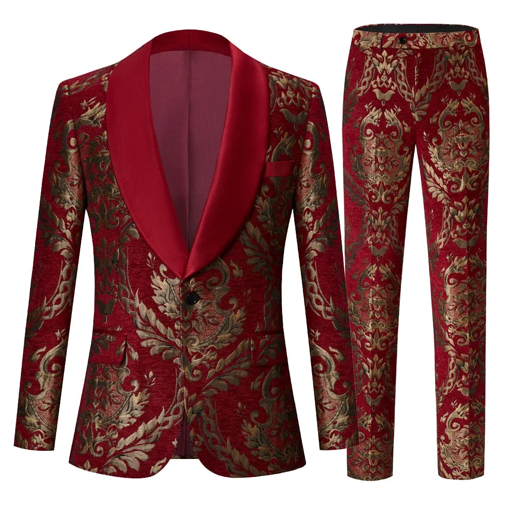 CGSUITS Men's Fashion Formal 2-Piece Burgundy Red & Gold Embroidery Tuxedo (Jacket   Pants) Suit Set