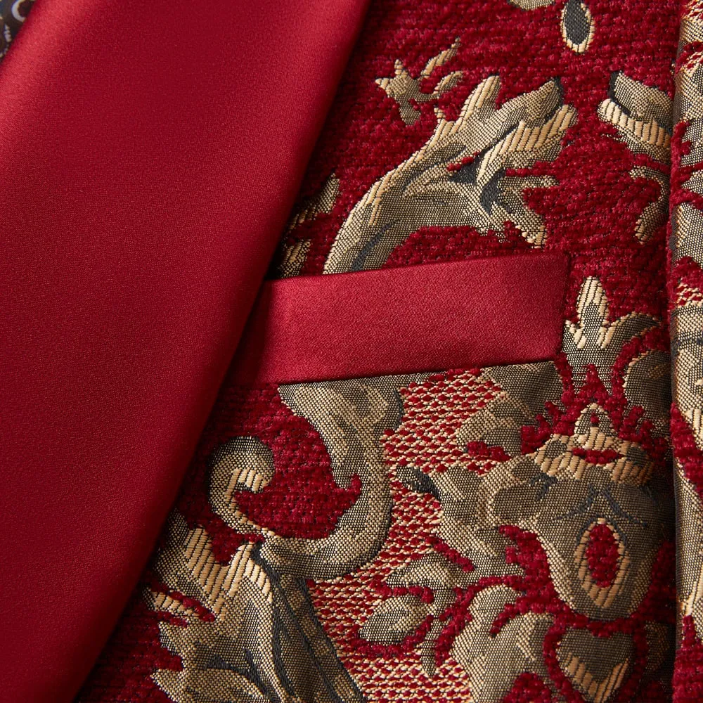CGSUITS Men's Fashion Formal 2-Piece Burgundy Red & Gold Embroidery Tuxedo (Jacket   Pants) Suit Set