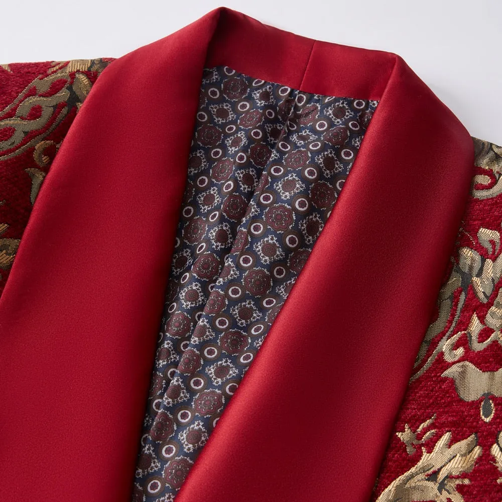 CGSUITS Men's Fashion Formal 2-Piece Burgundy Red & Gold Embroidery Tuxedo (Jacket   Pants) Suit Set