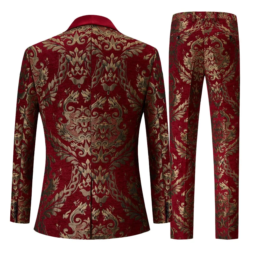 CGSUITS Men's Fashion Formal 2-Piece Burgundy Red & Gold Embroidery Tuxedo (Jacket   Pants) Suit Set