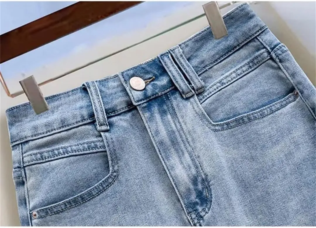 Chinese Style Denim Skirt for Women Summer High Waisted Embroidered Mid-Length A-Line Jeans Skirts