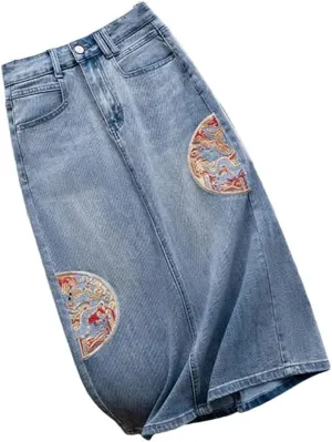 Chinese Style Denim Skirt for Women Summer High Waisted Embroidered Mid-Length A-Line Jeans Skirts