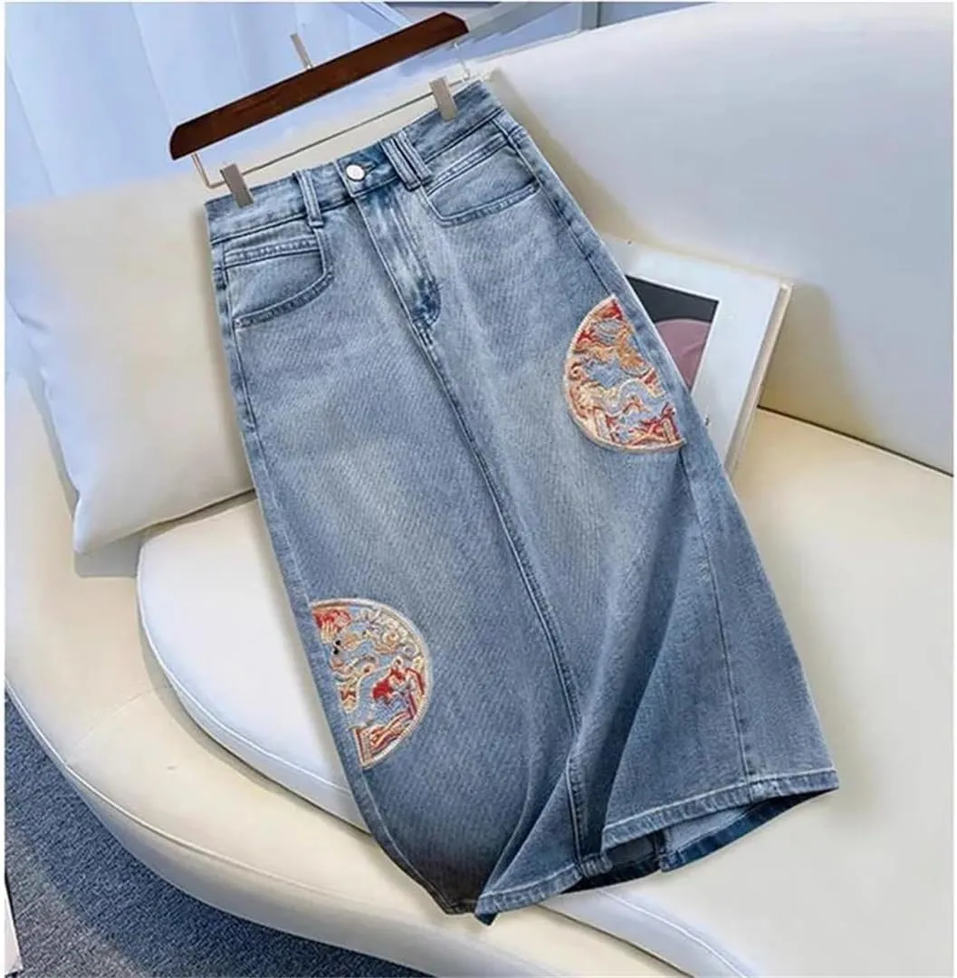 Chinese Style Denim Skirt for Women Summer High Waisted Embroidered Mid-Length A-Line Jeans Skirts