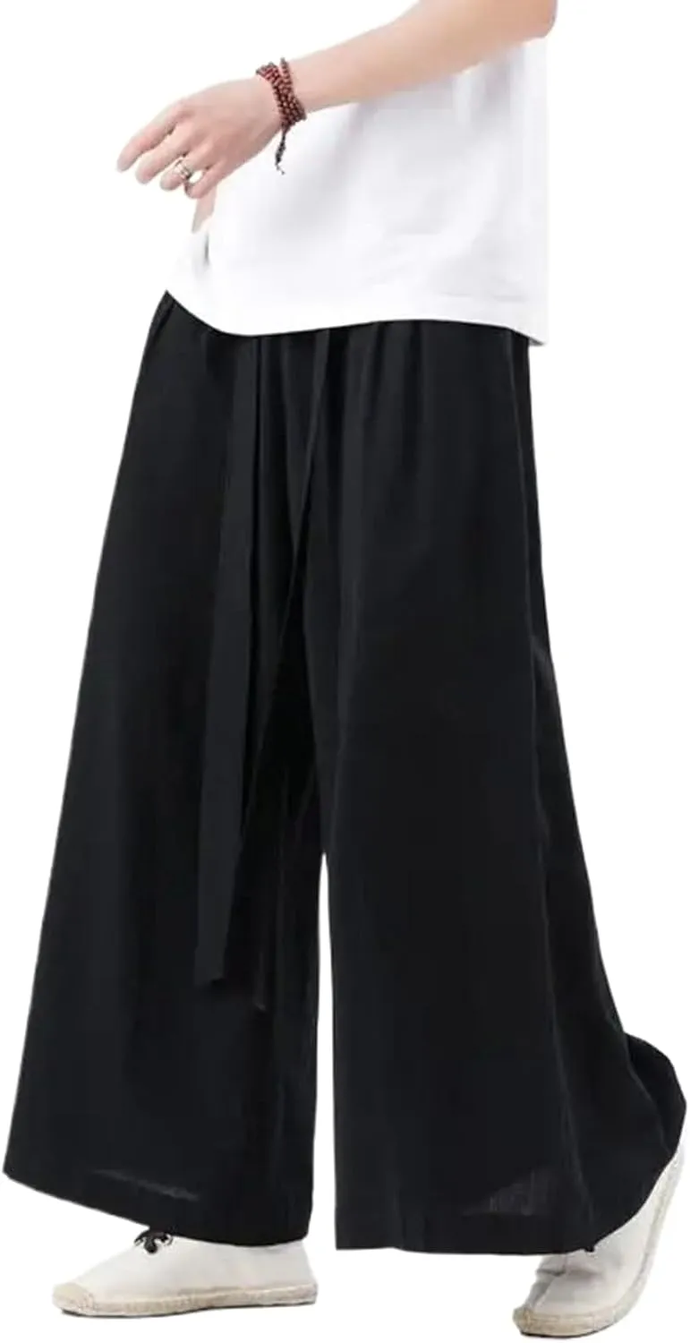 Chinese Style Harajuku Cotton Linen Pants Men Japanese Kimono Pants Male Summer Retro Wide-Leg Trousers