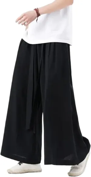 Chinese Style Harajuku Cotton Linen Pants Men Japanese Kimono Pants Male Summer Retro Wide-Leg Trousers