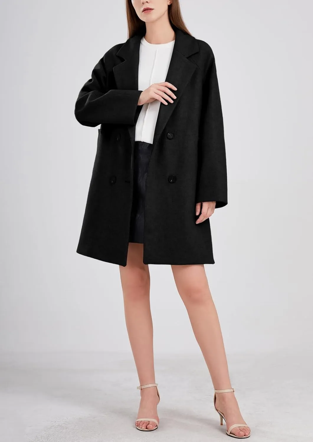 chouyatou Women's Casual Notch Lapel Double Breasted Warm Pea Coat Overcoat