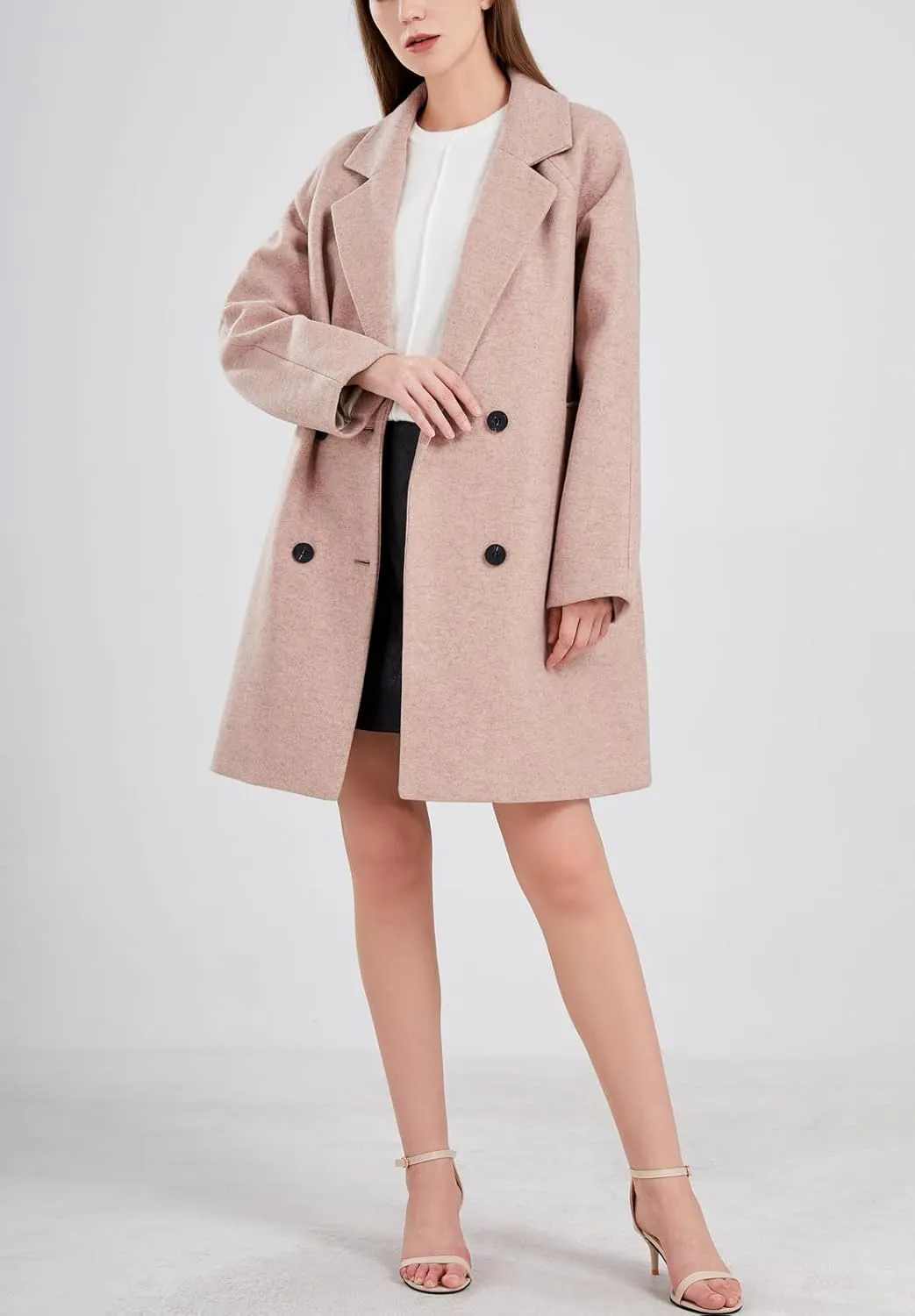 chouyatou Women's Casual Notch Lapel Double Breasted Warm Pea Coat Overcoat