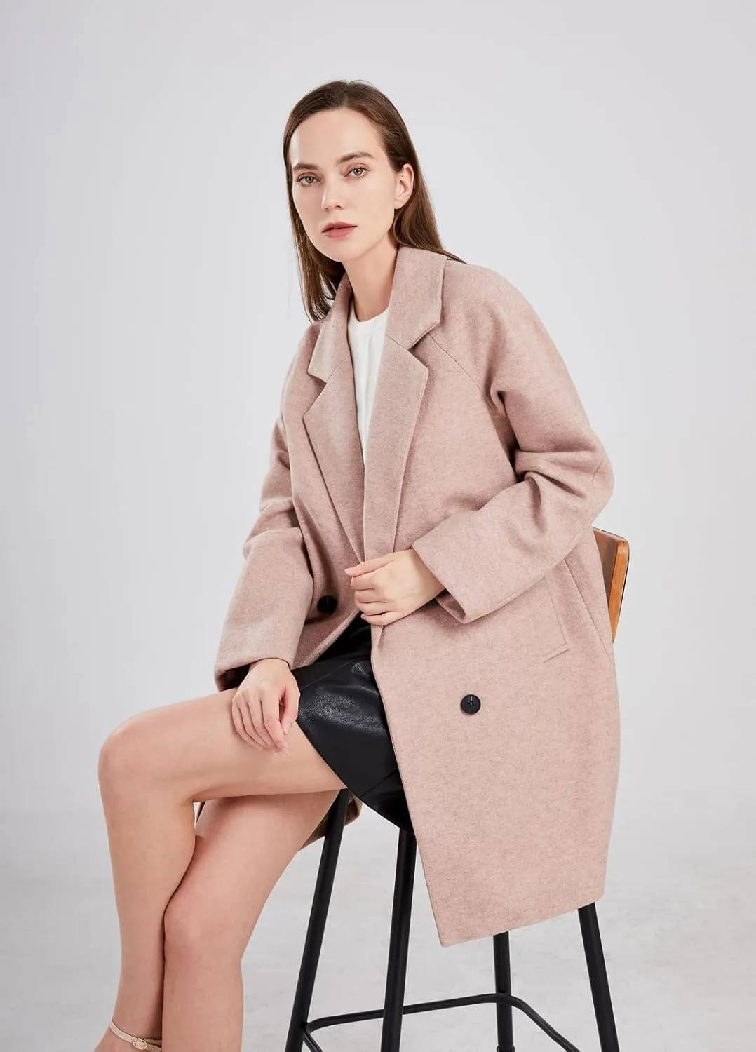 chouyatou Women's Casual Notch Lapel Double Breasted Warm Pea Coat Overcoat