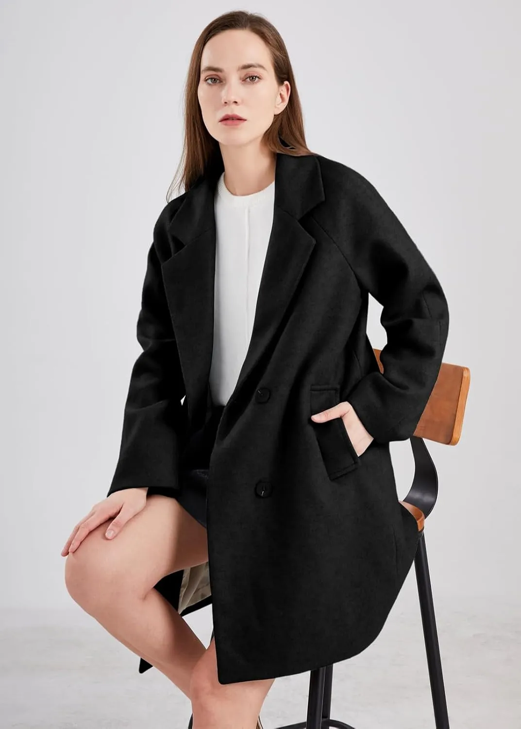 chouyatou Women's Casual Notch Lapel Double Breasted Warm Pea Coat Overcoat