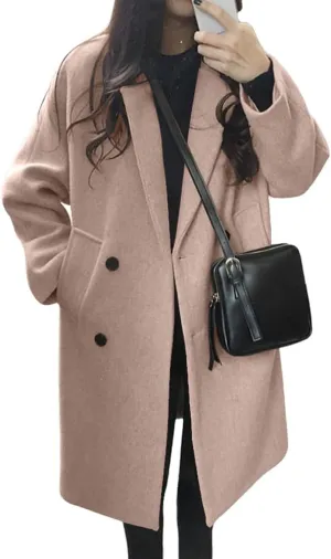 chouyatou Women's Casual Notch Lapel Double Breasted Warm Pea Coat Overcoat