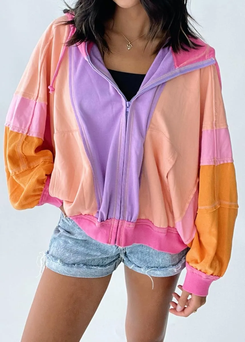 chouyatou Women's Fall Warm Color Block Zip Up Jacket Oversized Winter Casual Y2K Sweatshirt Hoodie Tops