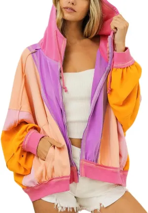 chouyatou Women's Fall Warm Color Block Zip Up Jacket Oversized Winter Casual Y2K Sweatshirt Hoodie Tops