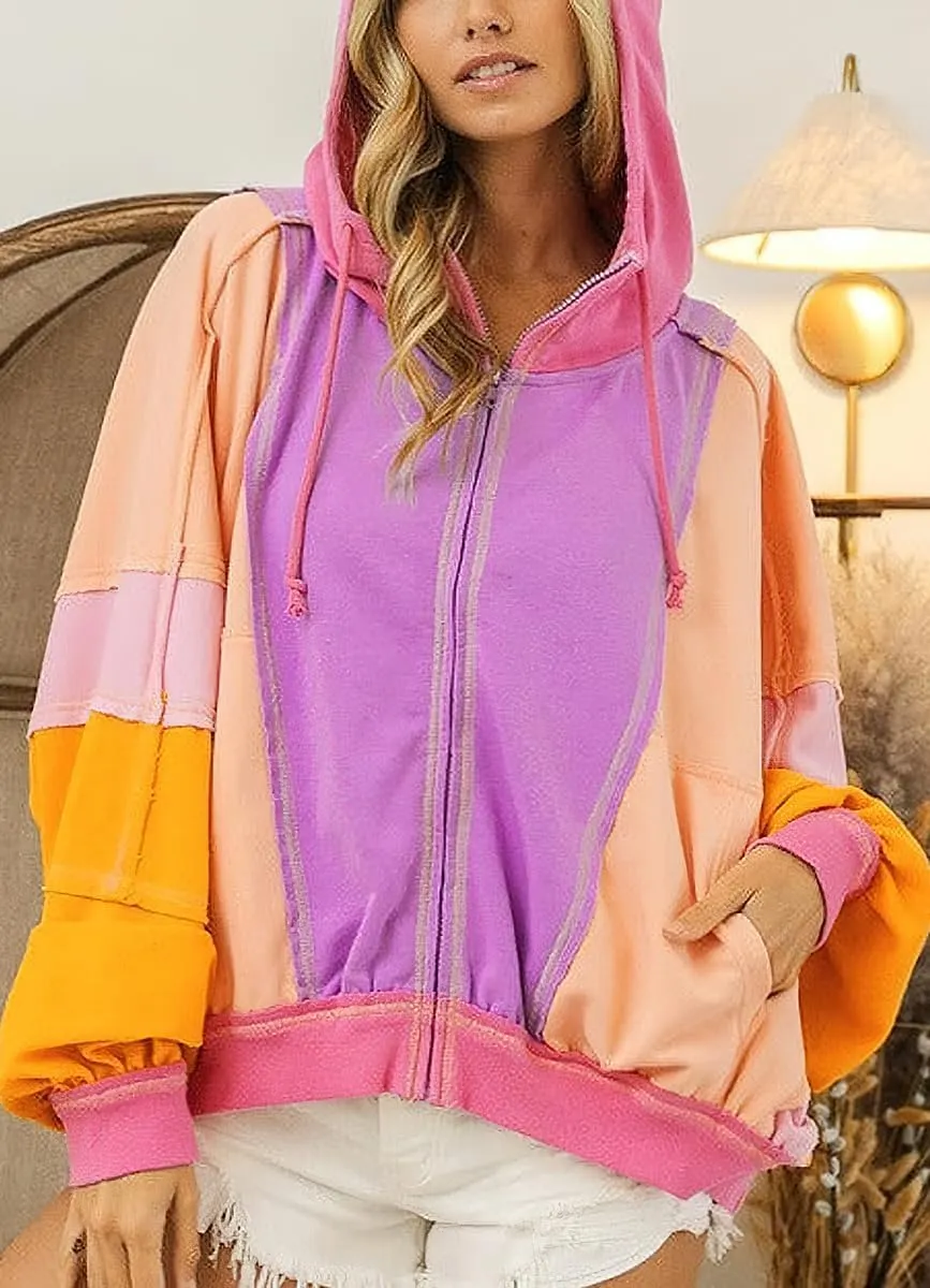chouyatou Women's Fall Warm Color Block Zip Up Jacket Oversized Winter Casual Y2K Sweatshirt Hoodie Tops