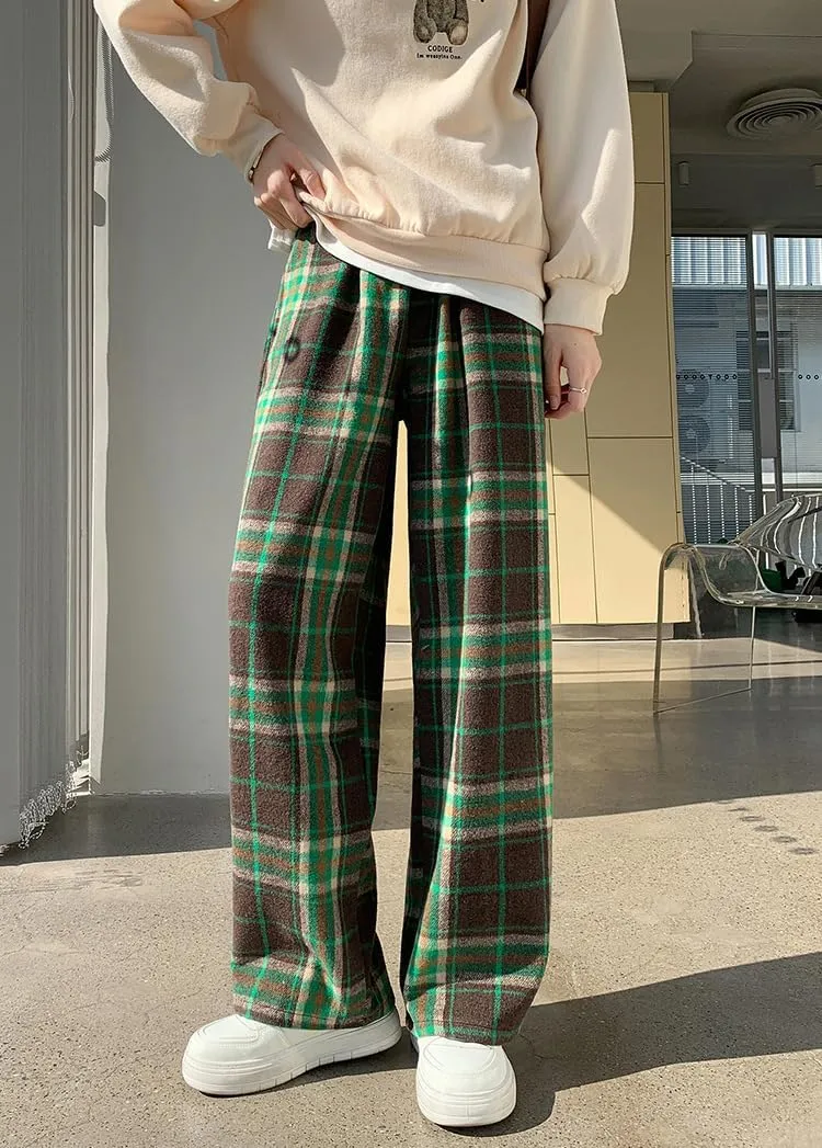 chouyatou Women's Fall Winter High Waist Wide Leg Plaid Office Work Wool Blend Palazzo Pants Trousers with Pockets