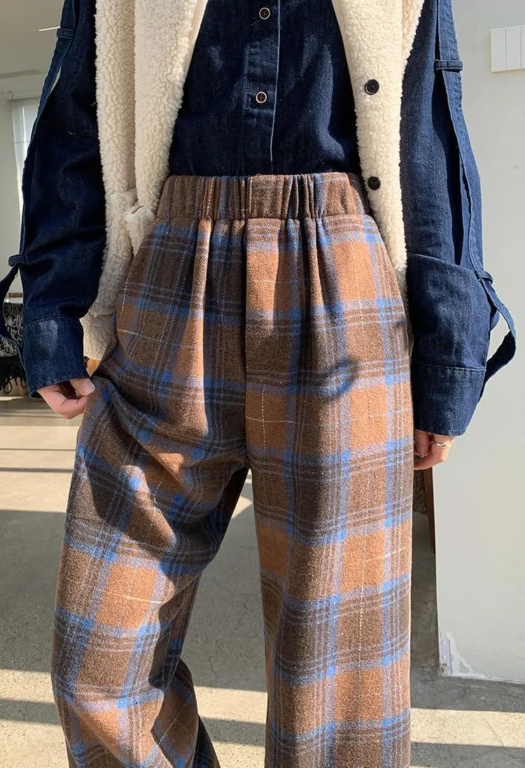 chouyatou Women's Fall Winter High Waist Wide Leg Plaid Office Work Wool Blend Palazzo Pants Trousers with Pockets